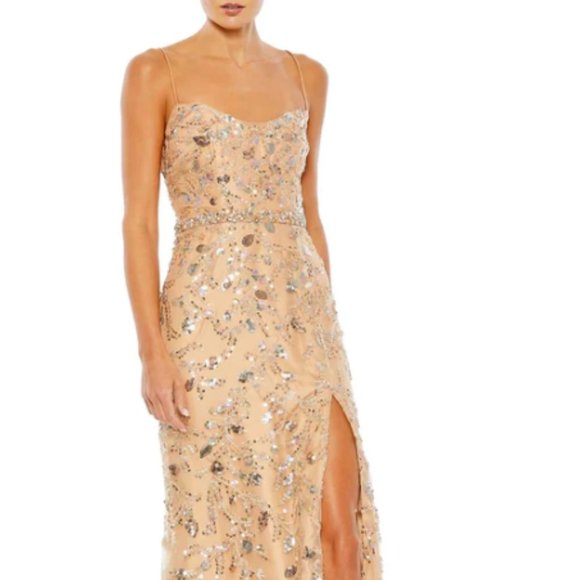 MAC DUGGAL 68049 SLEEVELESS LACE UP BACK NUDE GOWN sz 4 - Picture 1 of 6